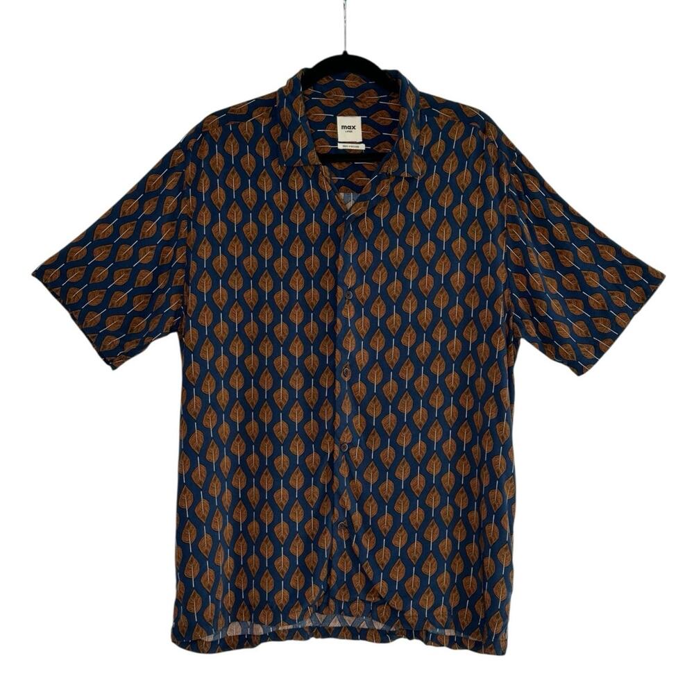 Max blue brown leaves print short sleeves casual shirt size Large